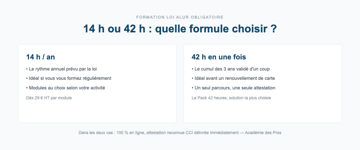 Formation Loi ALUR : choisir entre 14 heures par an et le Pack 42 heures pour le renouvellement de la carte professionnelle